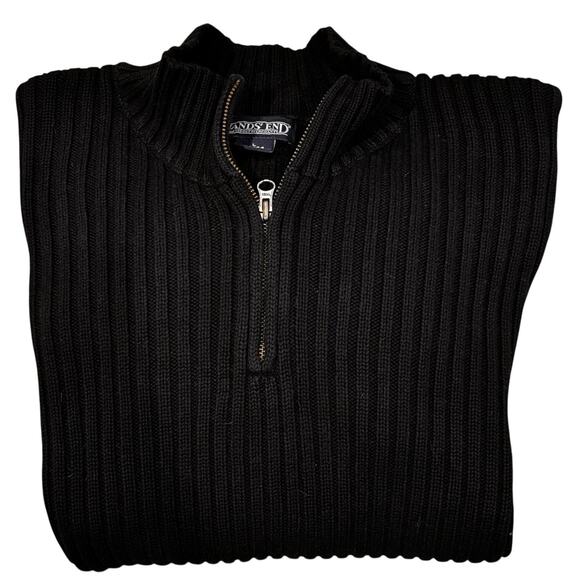 Vintage Lands' End Chunky Ribbed Knit Black Cotton 1/4 Zip Sweater Men's Large - Picture 4 of 6